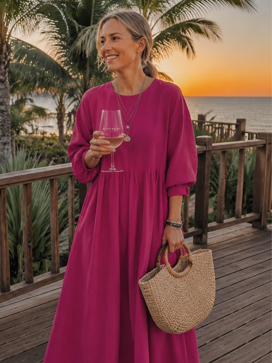 Bohemian Style Cotton And Linen Rose Red Dress