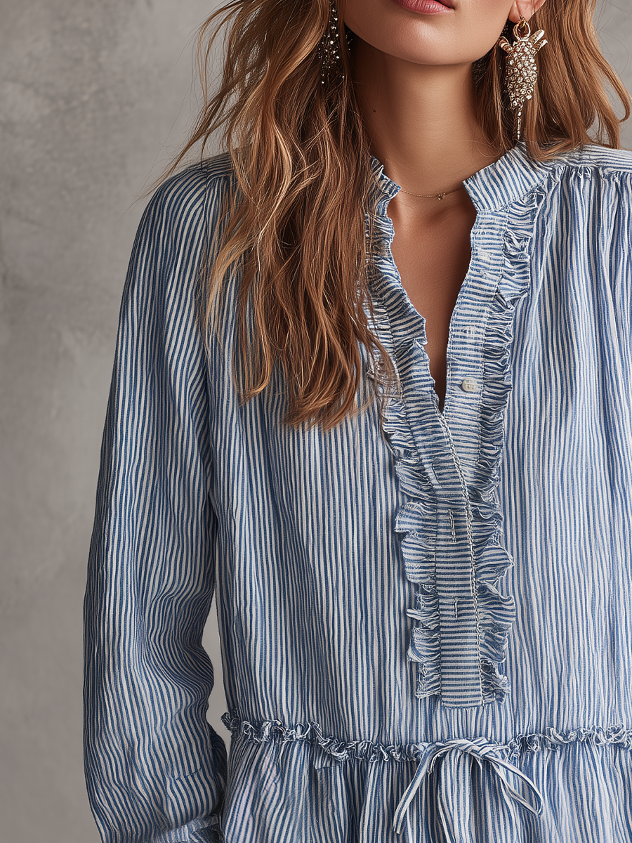 Romantic Blue Striped Ruffle Blouse