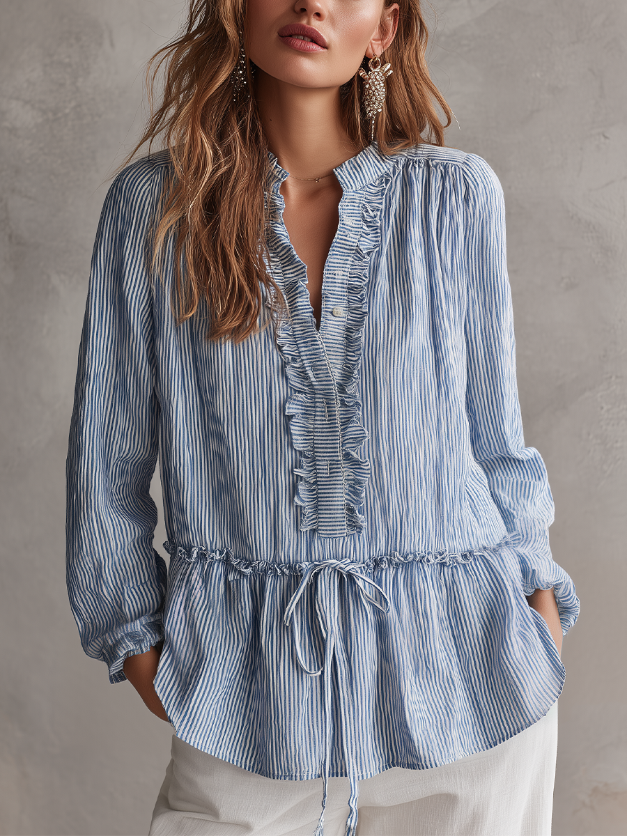 Romantic Blue Striped Ruffle Blouse