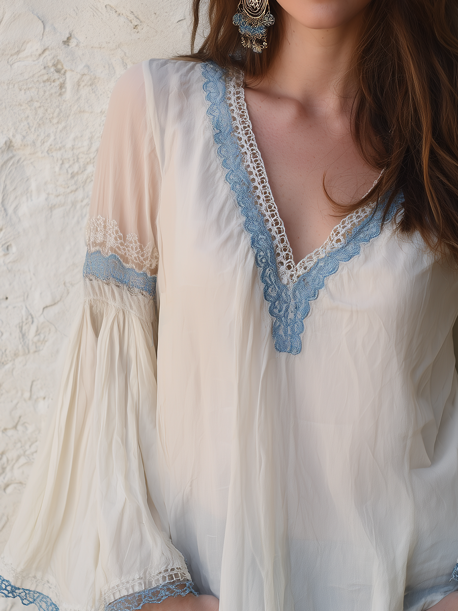 Romantic White Lace Trim Bell Sleeve Blouse