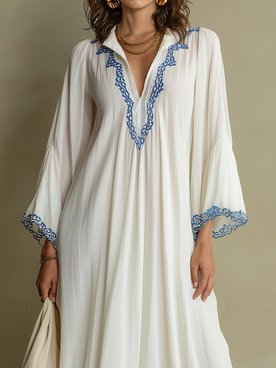 Elegant White Contrast Print Caftan Maxi Dress