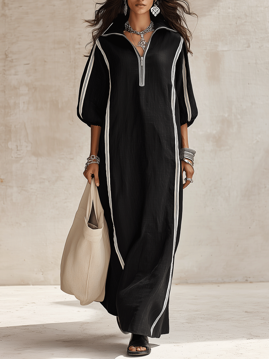 Women's Zip Collar Contrast Striped Long Sleeve Maxi Dress
