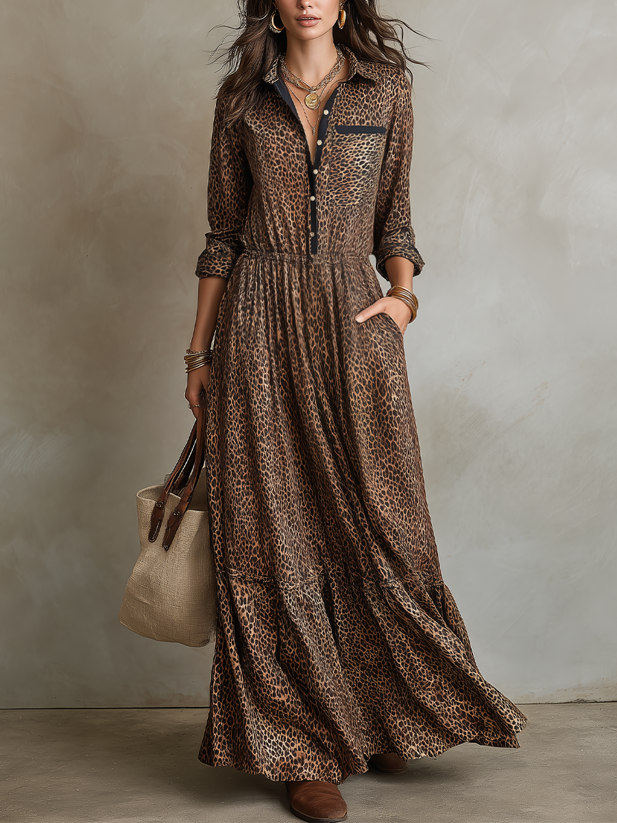 Chic Brown Leopard Print Maxi Dress