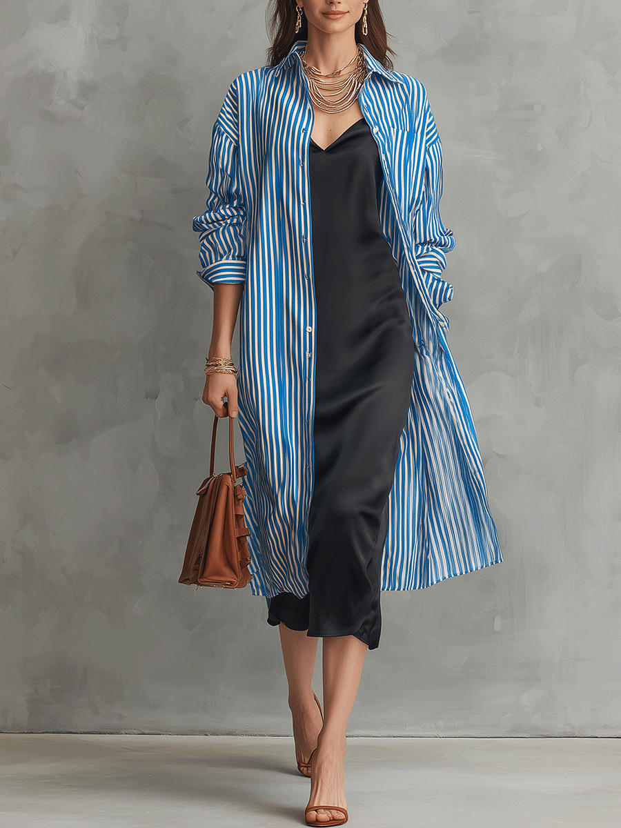 Quiet Luxury Silky Stripe-Shirt & Bias Slip Blue & Black Layered Set