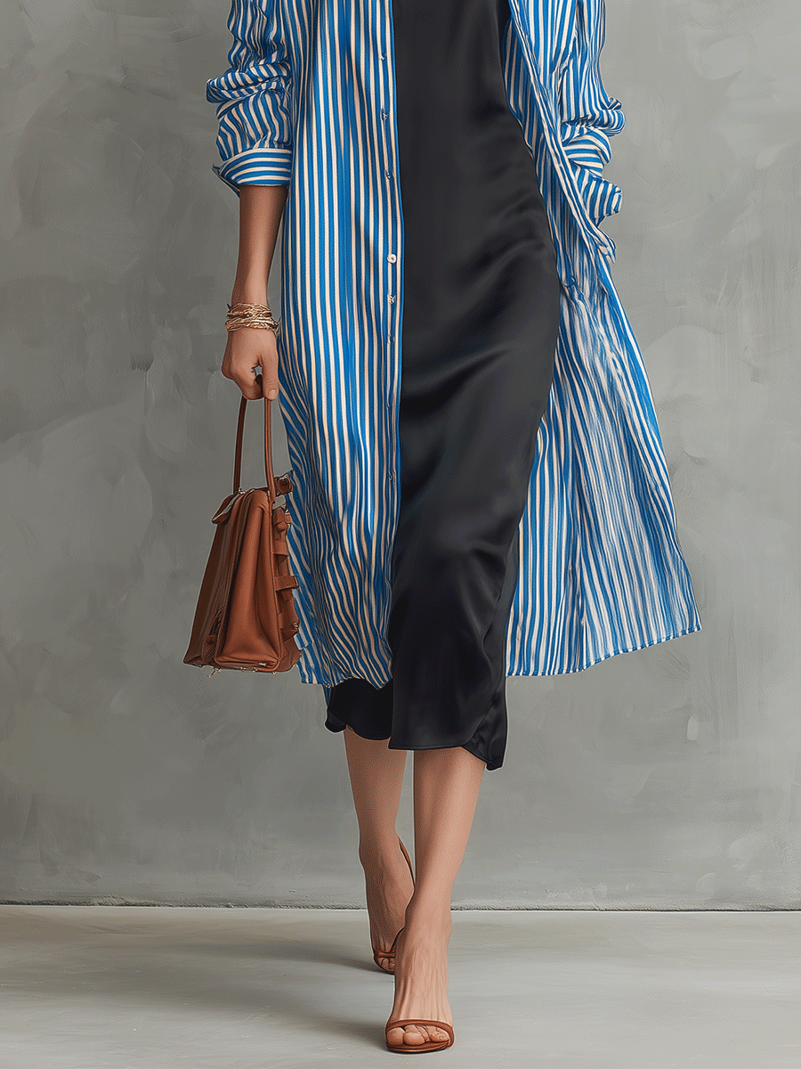 Quiet Luxury Silky Stripe-Shirt & Bias Slip Blue & Black Layered Set