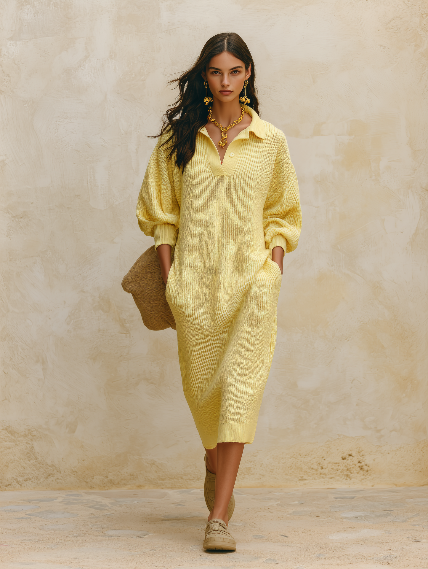 Women's Oversized Ribbed Knit Polo Collar Sweater Dress Long Sleeve Midi Dress