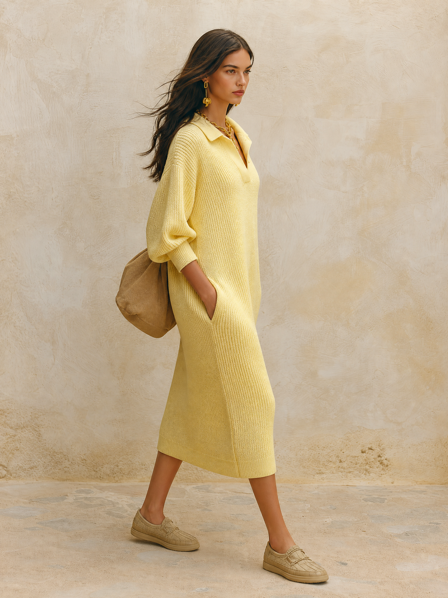 Women's Oversized Ribbed Knit Polo Collar Sweater Dress Long Sleeve Midi Dress