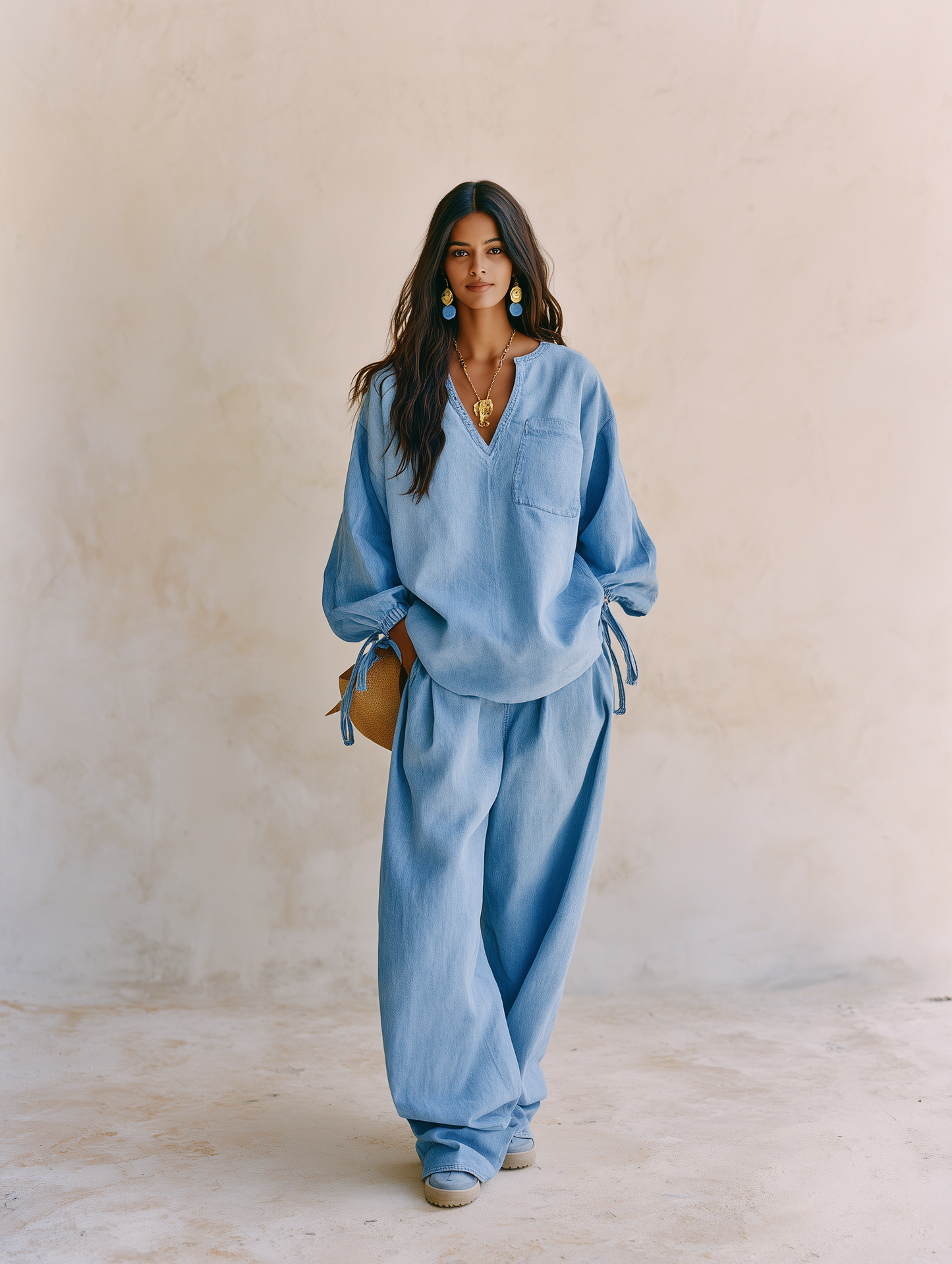 Women's Denim Two-Piece Set - V-Neck Tie-Sleeve Top & Wide Leg Pants