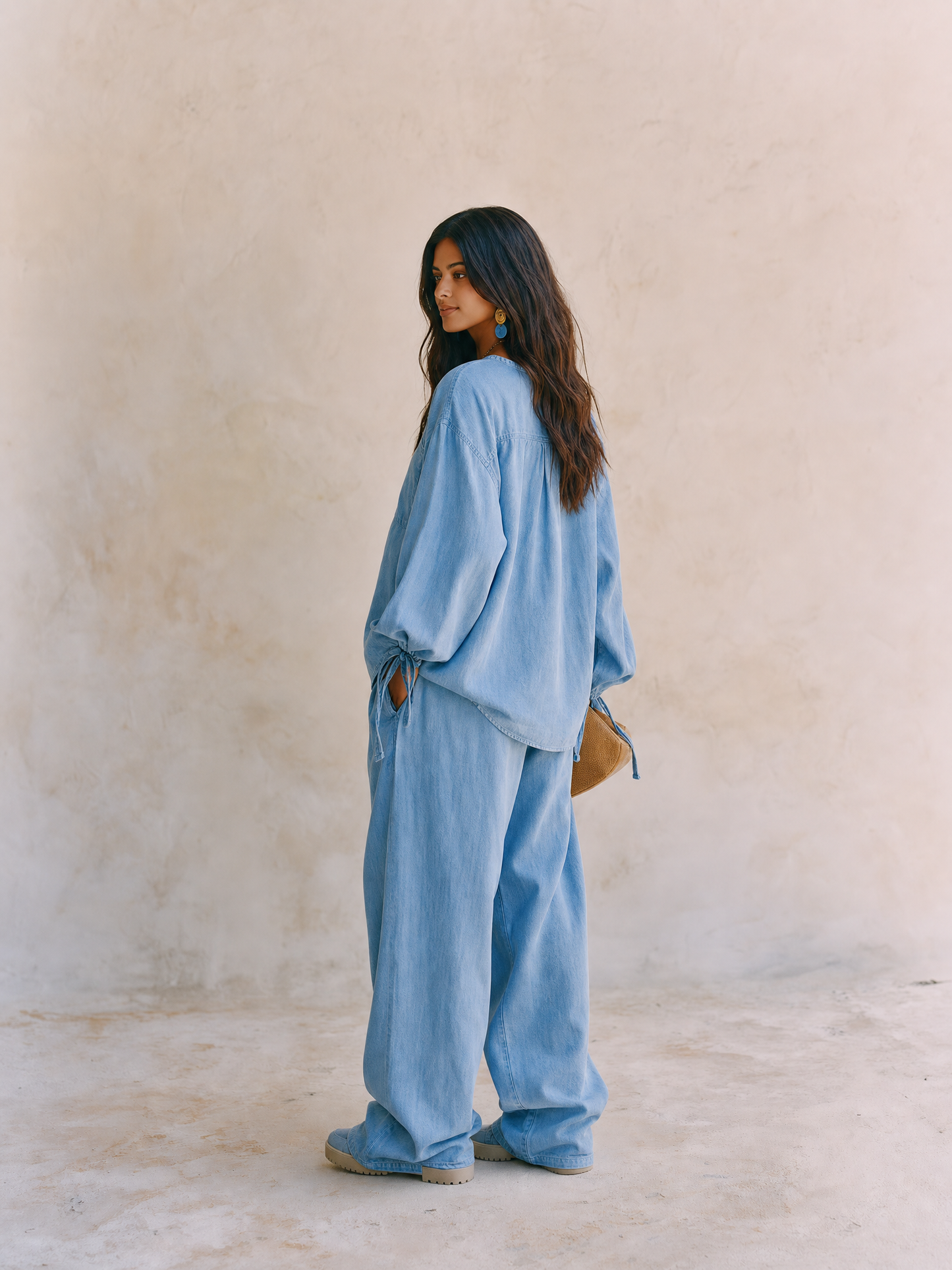 Women's Denim Two-Piece Set - V-Neck Tie-Sleeve Top & Wide Leg Pants