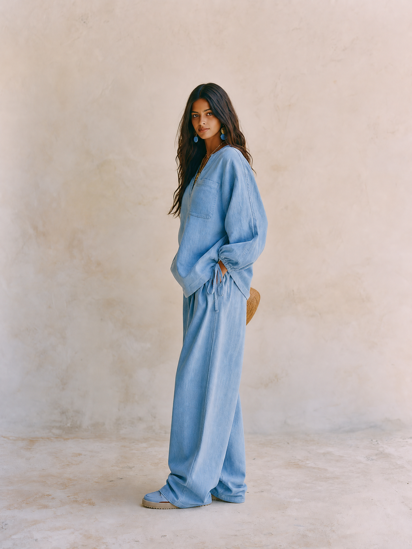 Women's Denim Two-Piece Set - V-Neck Tie-Sleeve Top & Wide Leg Pants
