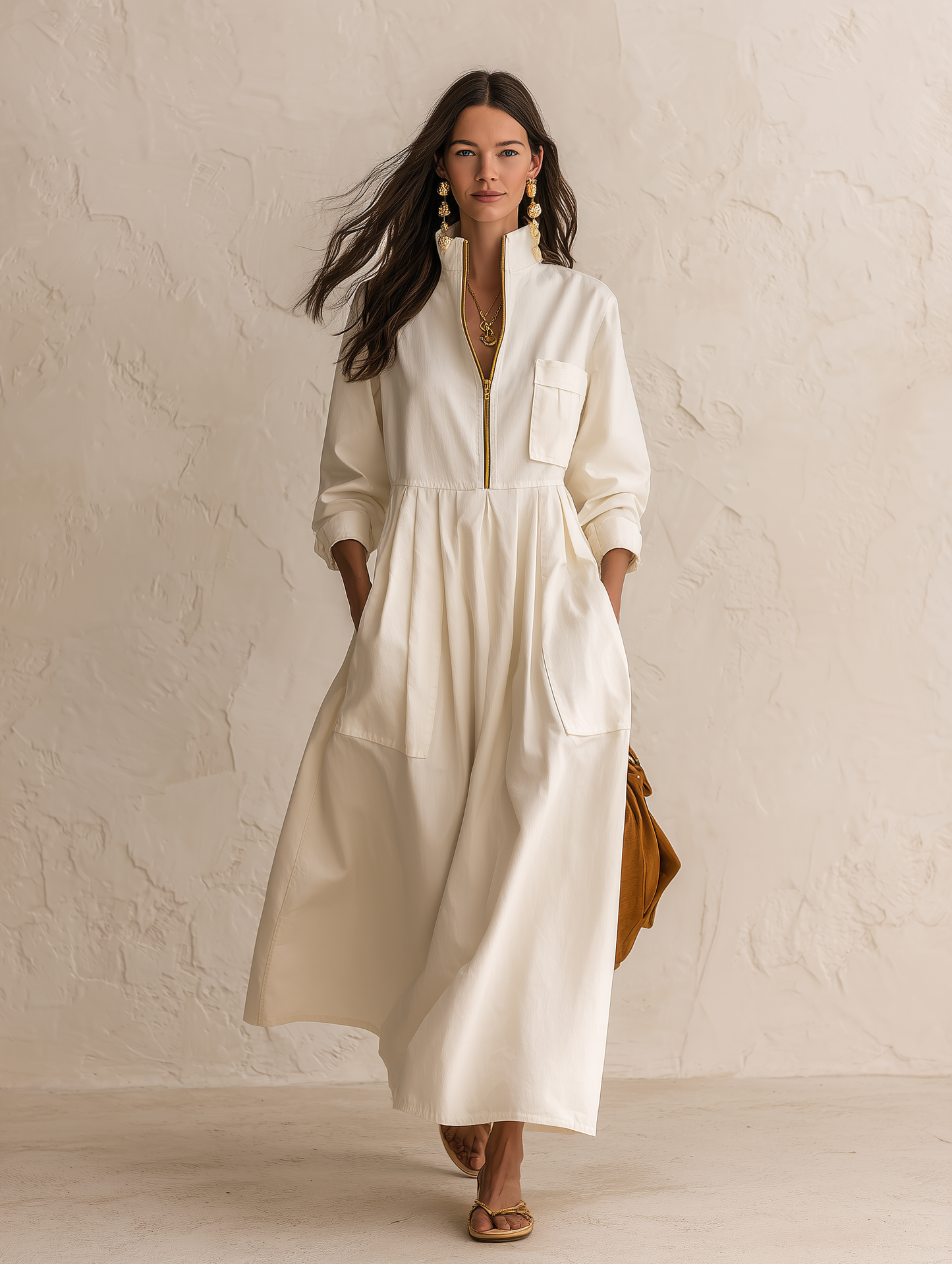 Women's Half-Zip Stand Collar Long Sleeve Pockets Maxi Dress