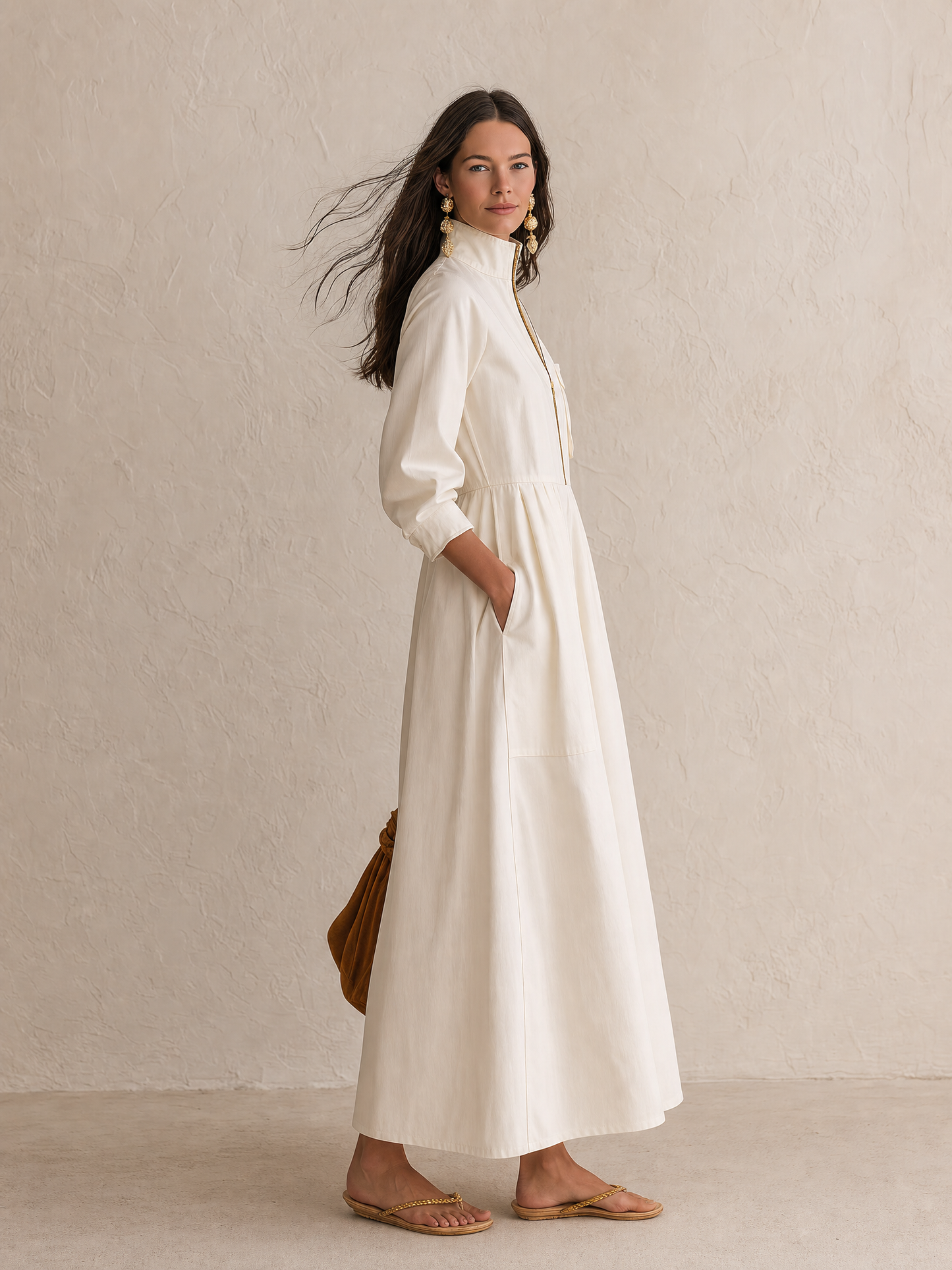 Women's Half-Zip Stand Collar Long Sleeve Pockets Maxi Dress