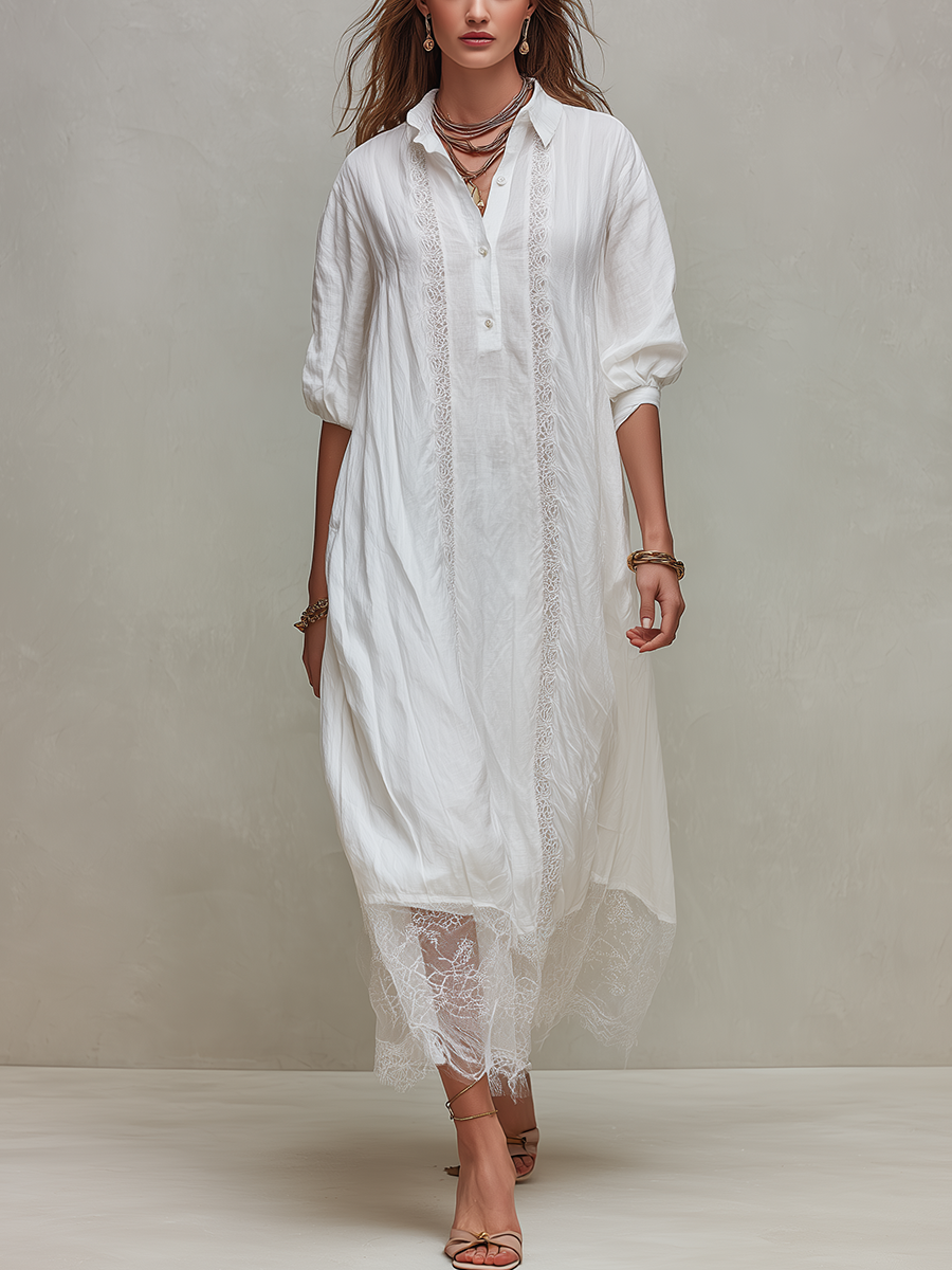 Romantic White Lace Trim Button Down Shirt Dress