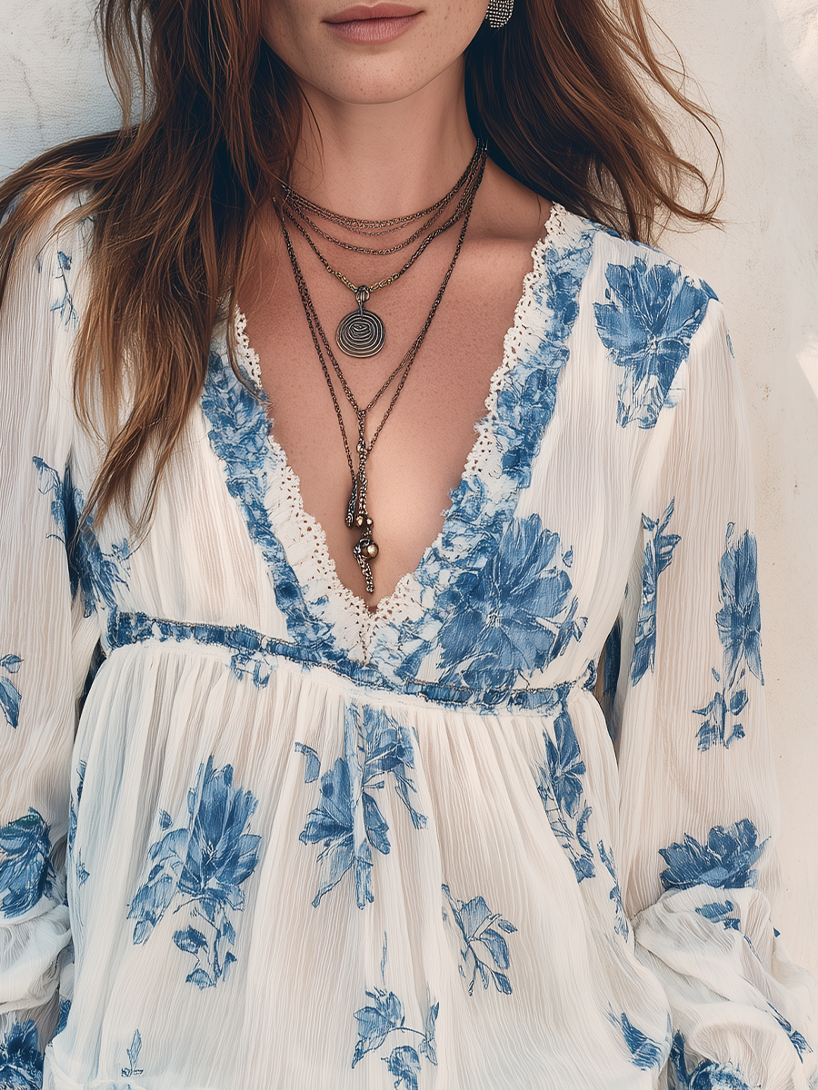 Bohemian Blue Floral Print Lace Trim Blouse