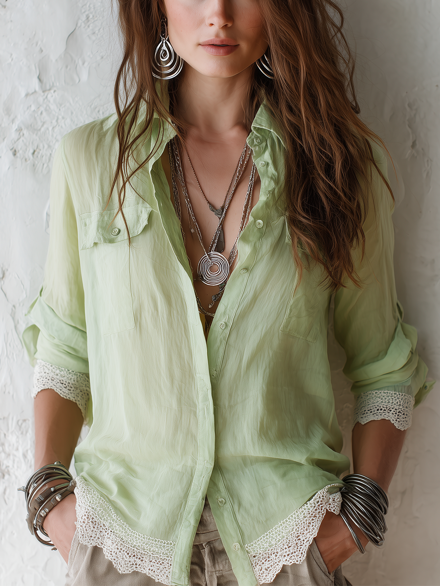 Fresh Sage Green Lace Trim Lightweight Shirt