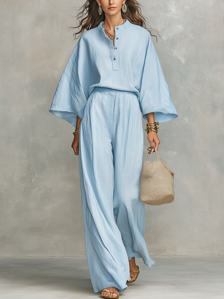 Bohemian Style Linen Wide Sleeved Top And Pants Set