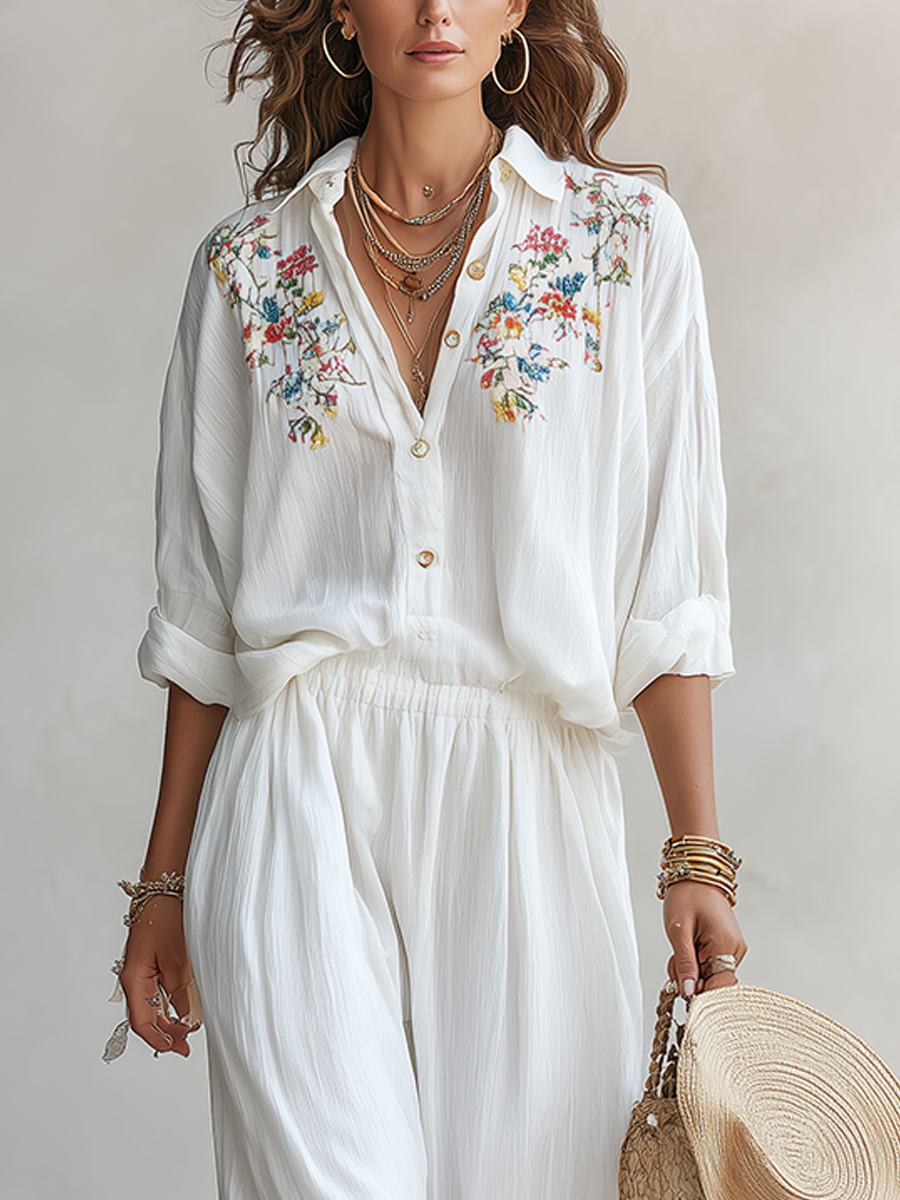 Bohemian Floral Embroidered Shirt And Trouser Suit