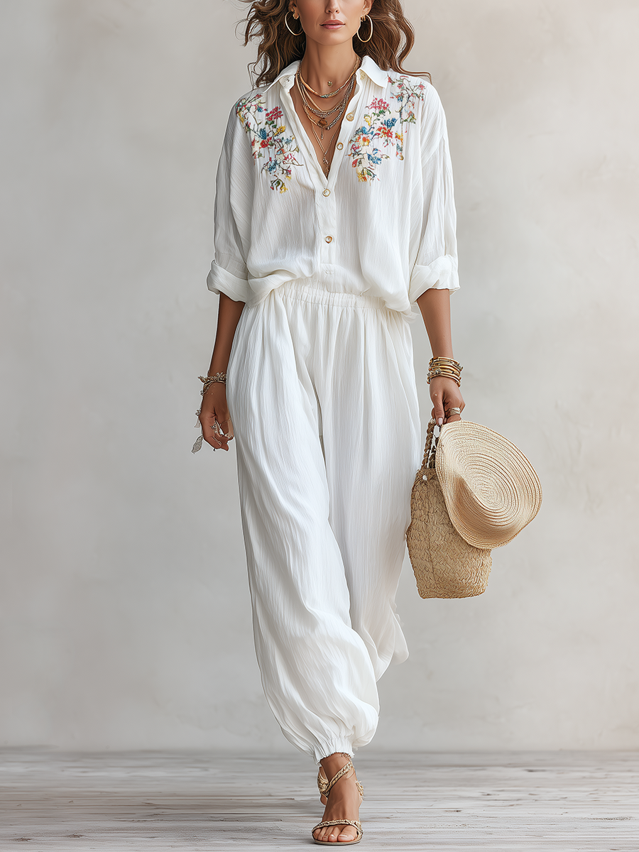 Bohemian Floral Embroidered Shirt And Trouser Suit