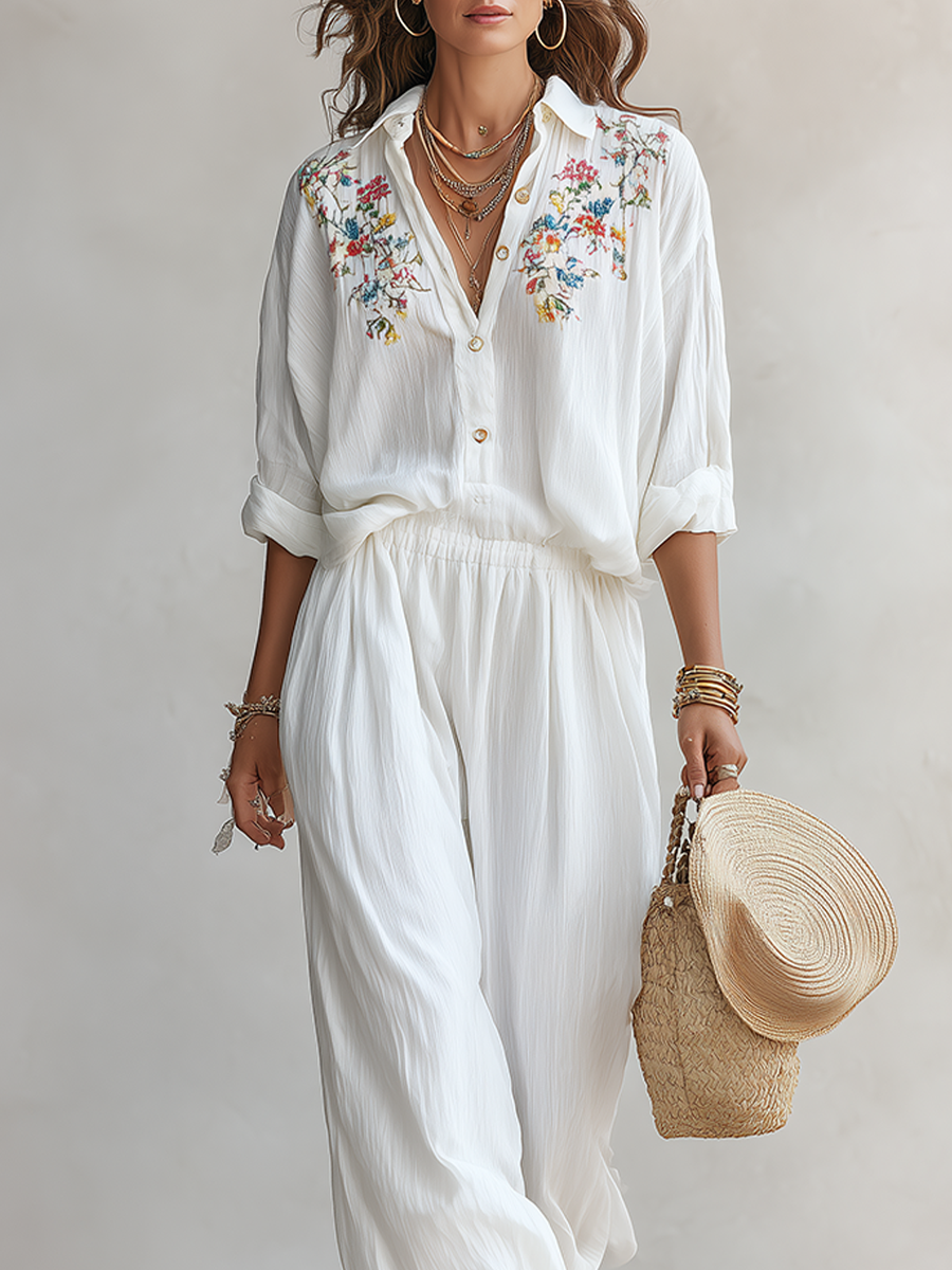 Bohemian Floral Embroidered Shirt And Trouser Suit