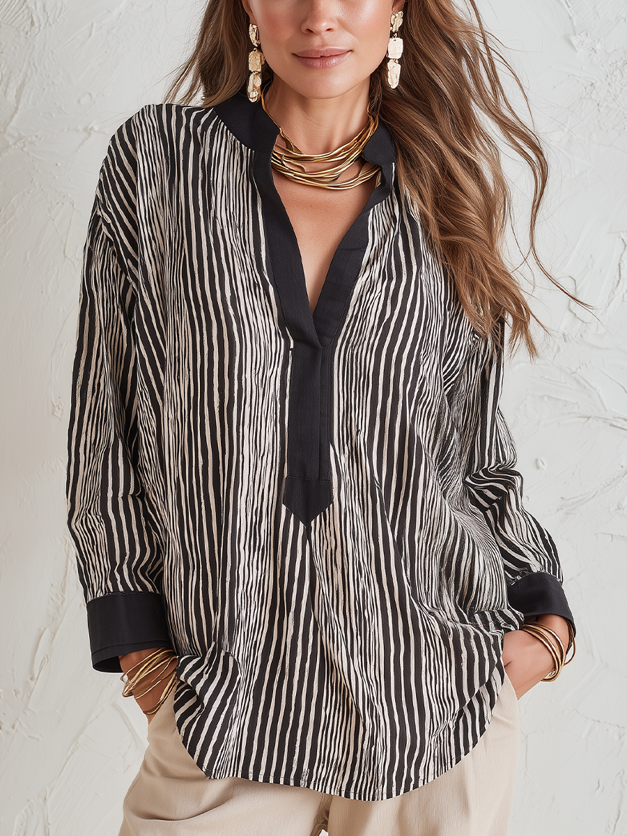 Refined Black Striped Split-Neck Blouse