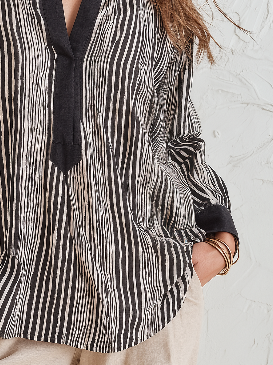 Refined Black Striped Split-Neck Blouse