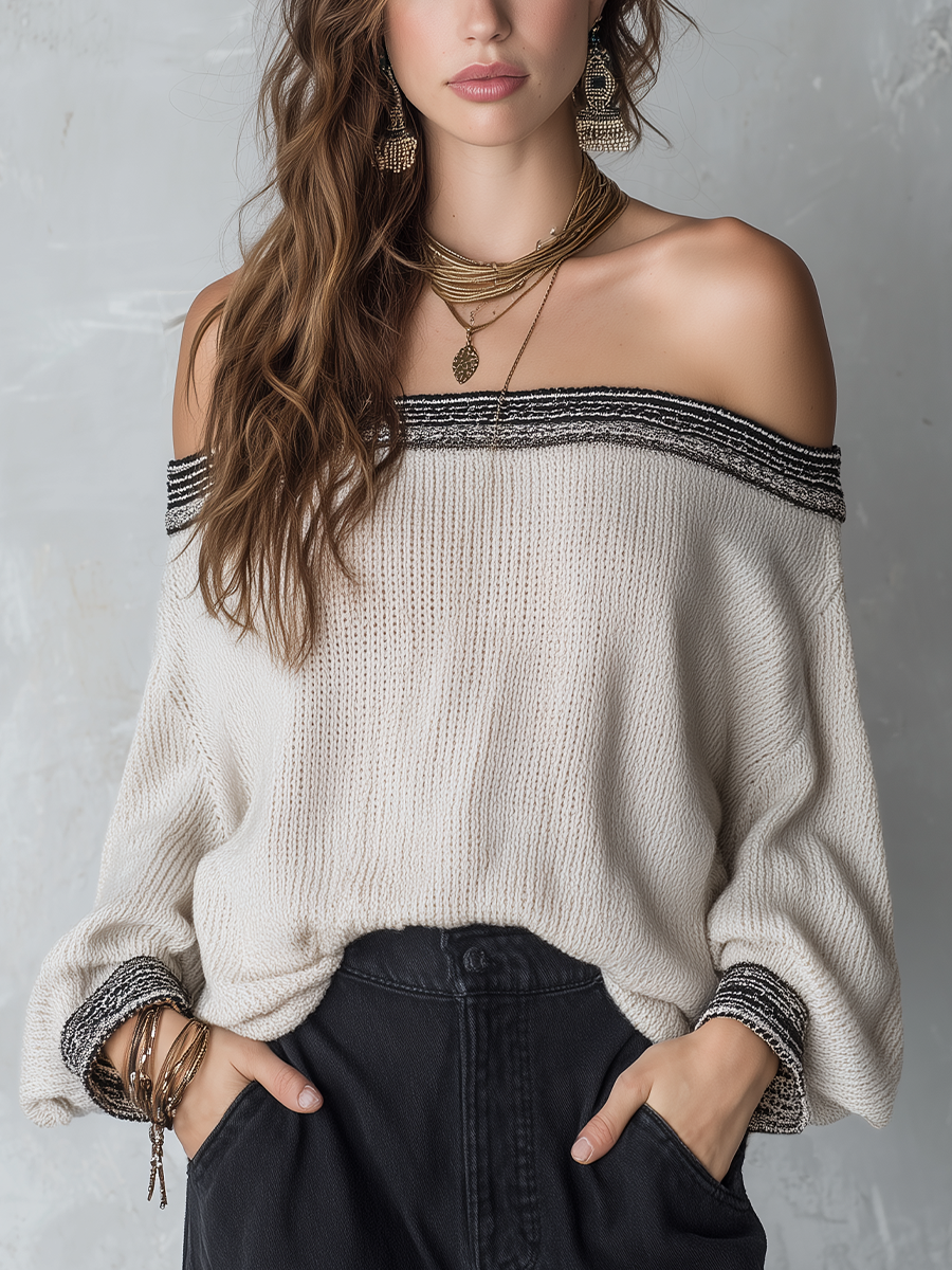 Refined Contrast Trim Off-Shoulder Knit Sweater