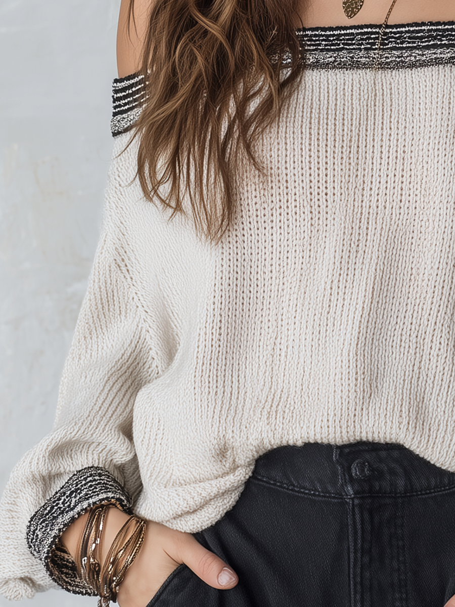 Refined Contrast Trim Off-Shoulder Knit Sweater