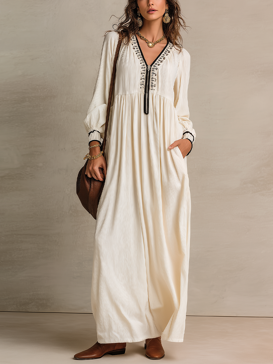 Elegant Ivory Contrast Trim Maxi Dress