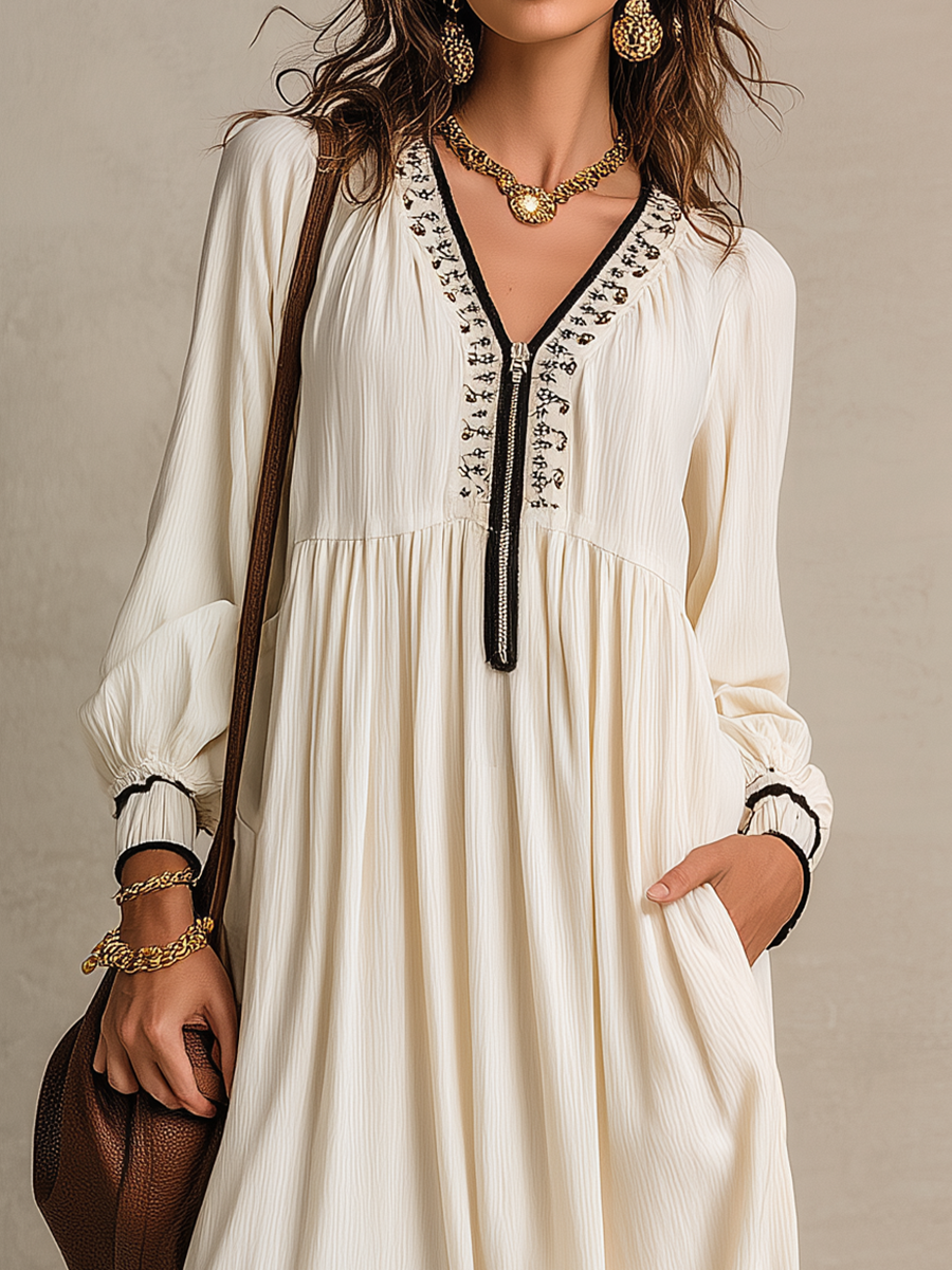 Elegant Ivory Contrast Trim Maxi Dress