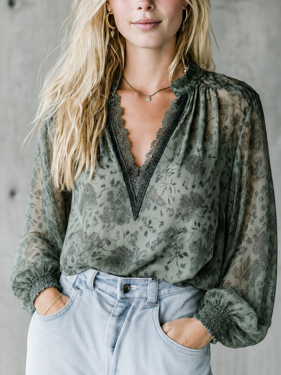 Romantic Boho Sage Floral Lace V-Neck Blouse Top