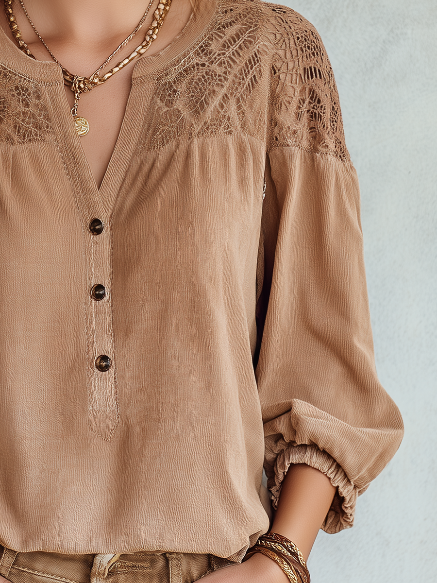 Refined Khaki Lace Yoke Blouse