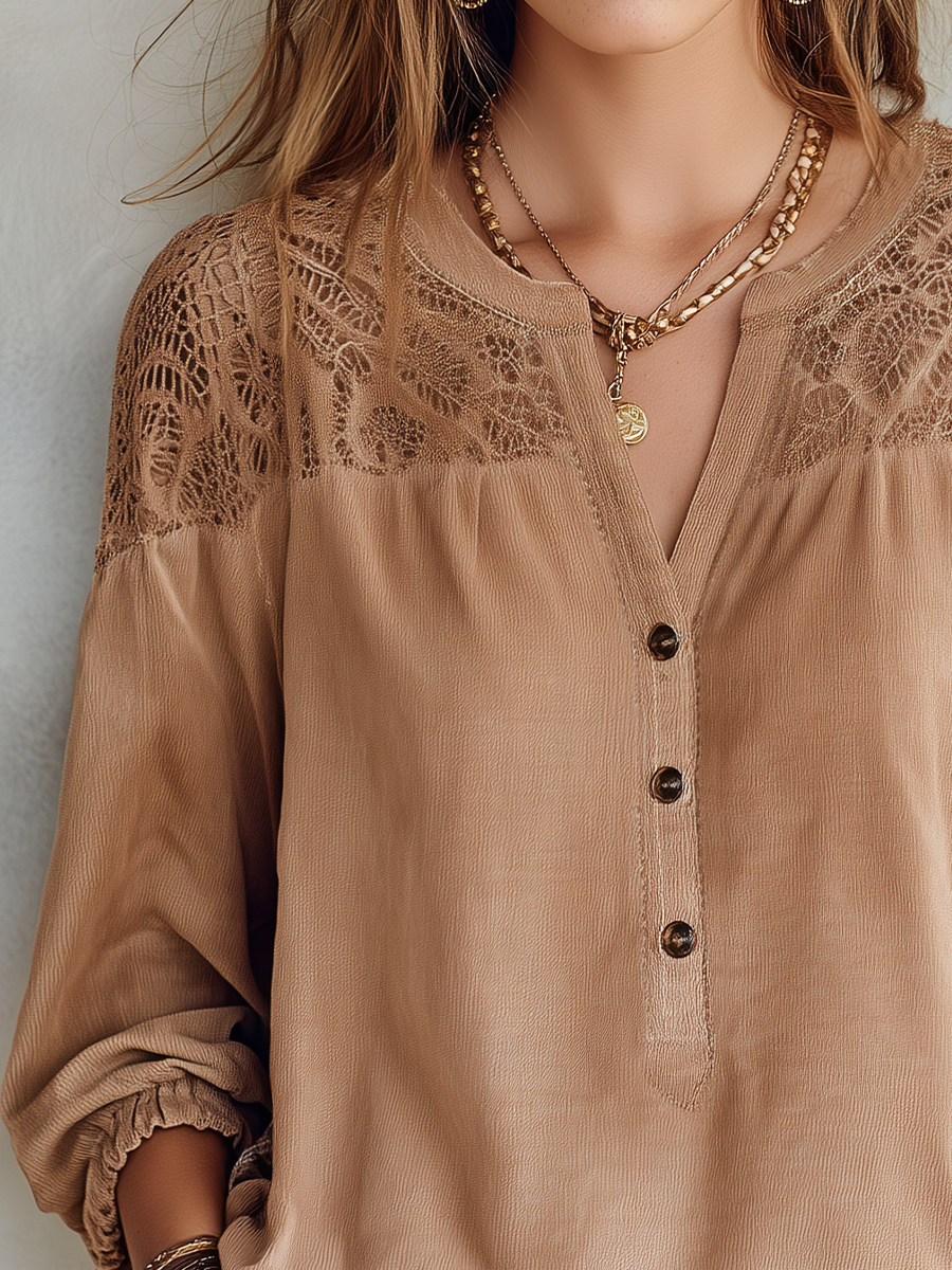 Refined Khaki Lace Yoke Blouse