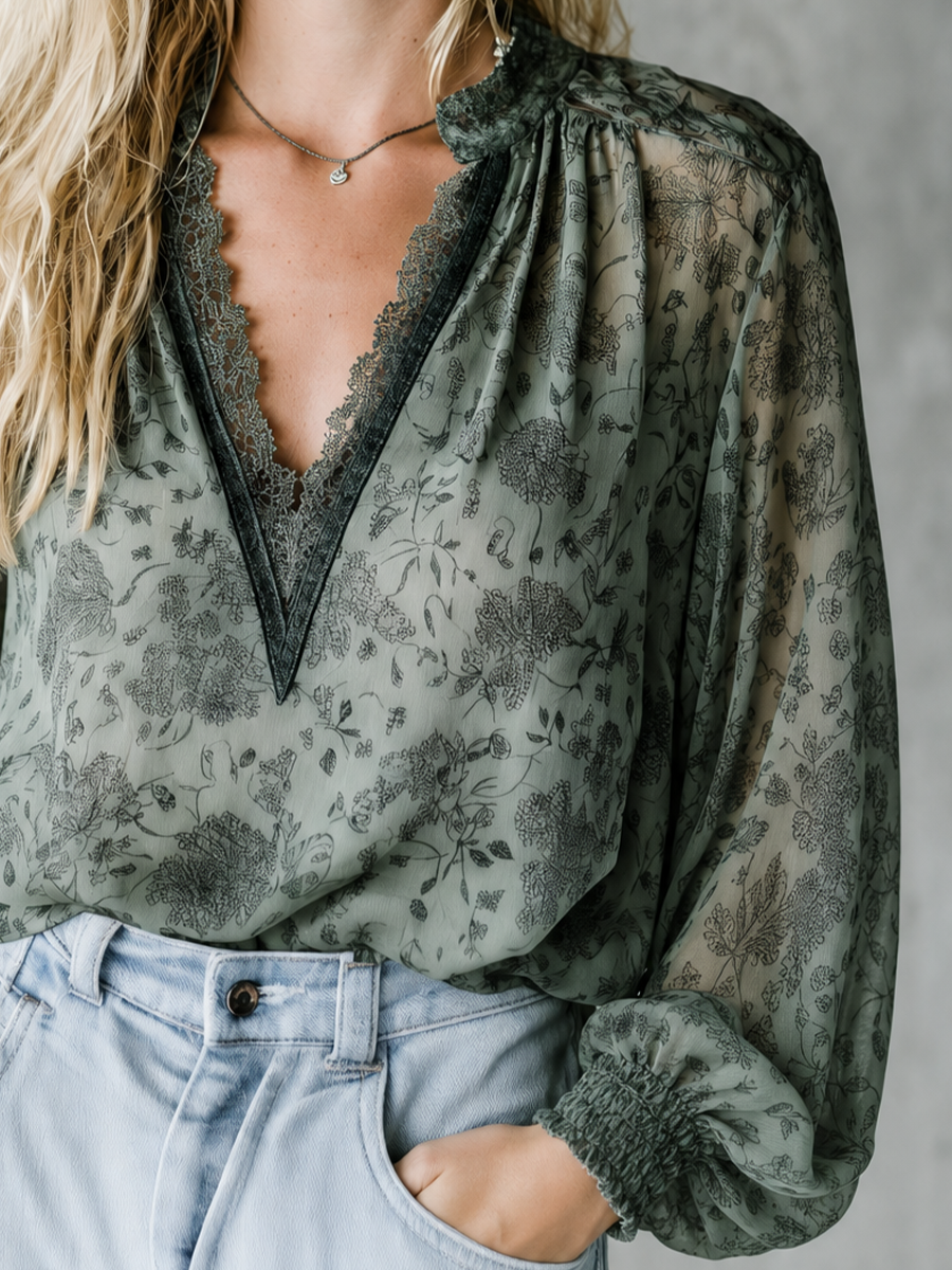 Romantic Boho Sage Floral Lace V-Neck Blouse Top
