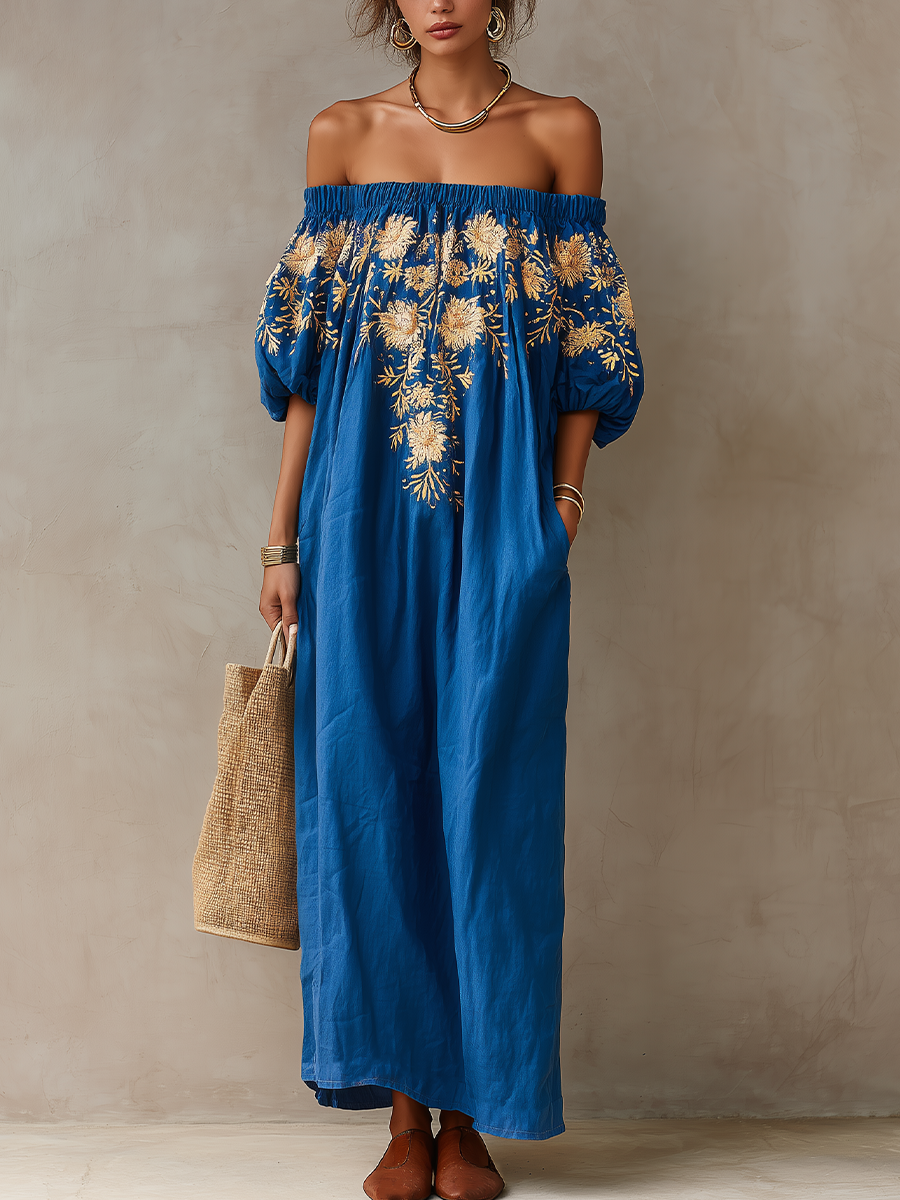 Elegant Floral Print Off-Shoulder Maxi Dress