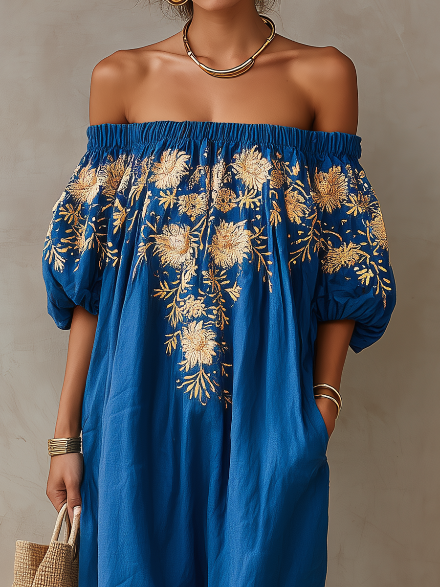 Elegant Floral Print Off-Shoulder Maxi Dress