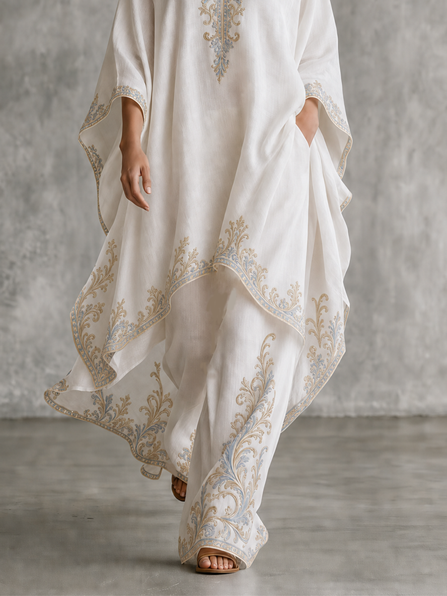 Resort Luxe Embroidered Kaftan Top & Wide Leg Pants Set
