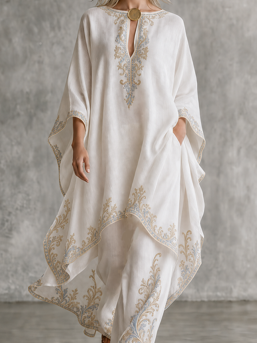 Resort Luxe Embroidered Kaftan Top & Wide Leg Pants Set
