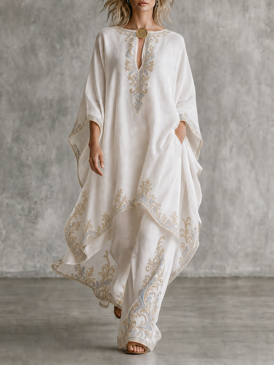 Resort Luxe Embroidered Kaftan Top & Wide Leg Pants Set