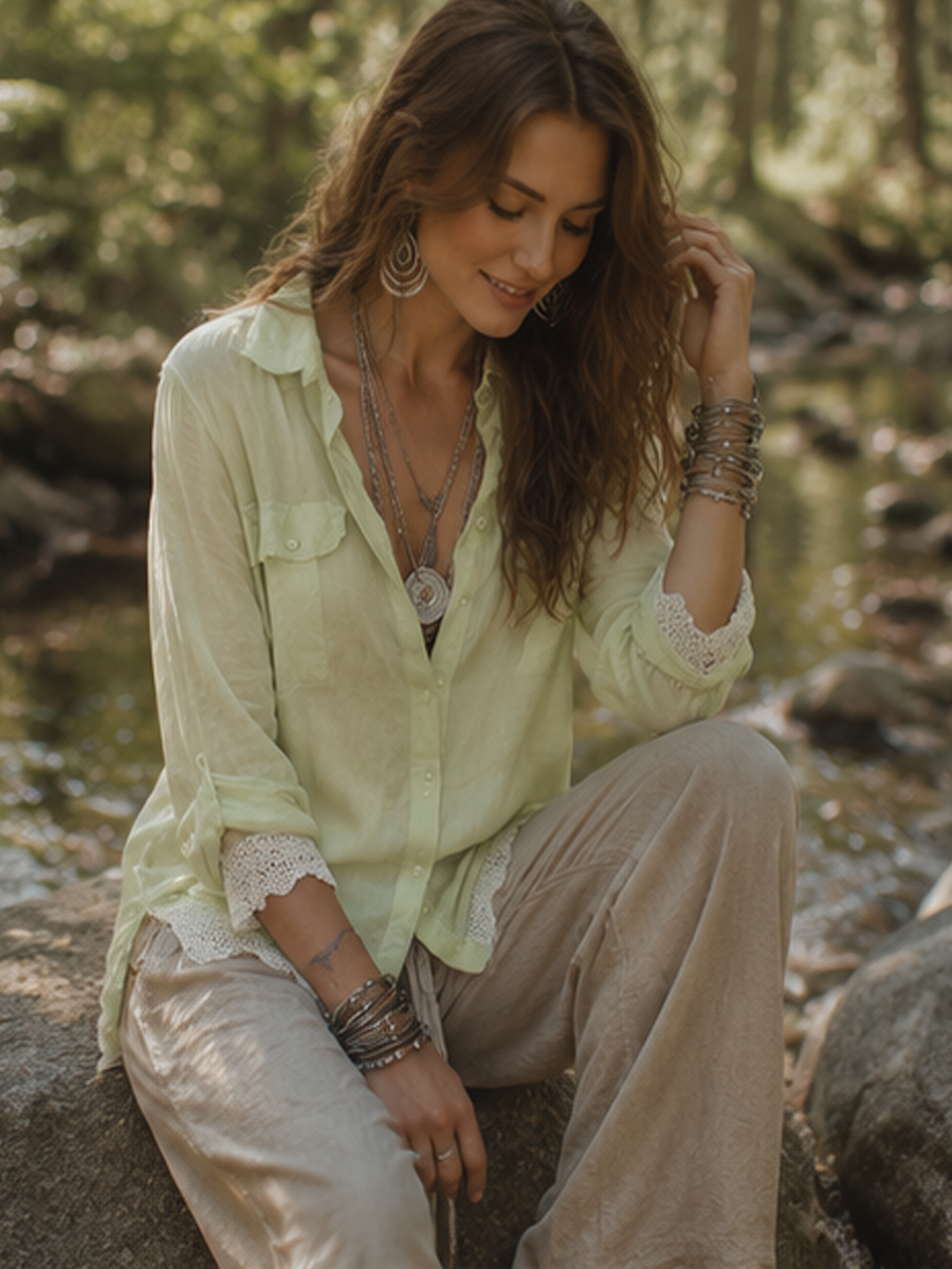 Fresh Sage Green Lace Trim Lightweight Shirt