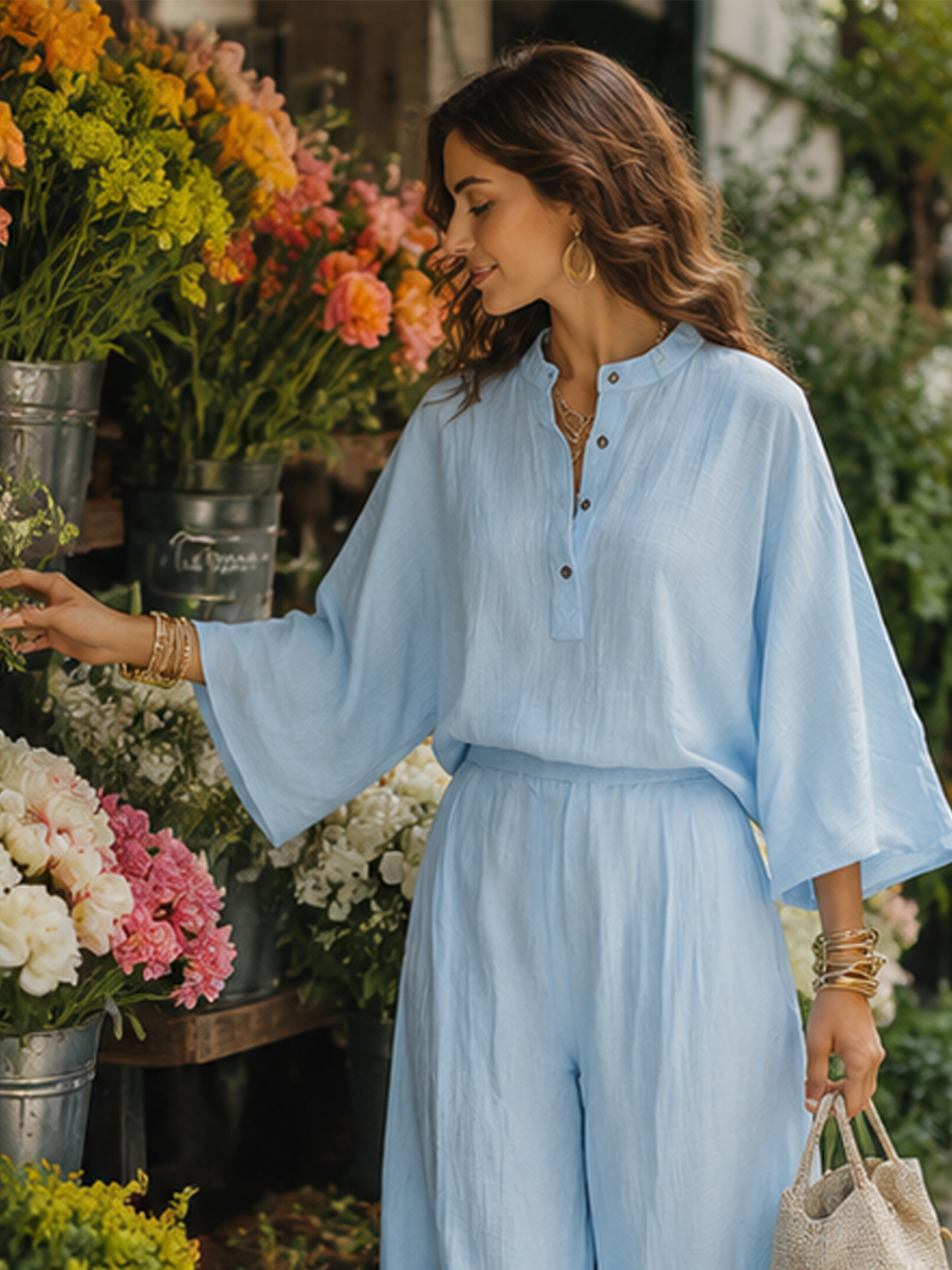 Bohemian Style Linen Wide Sleeved Top And Pants Set