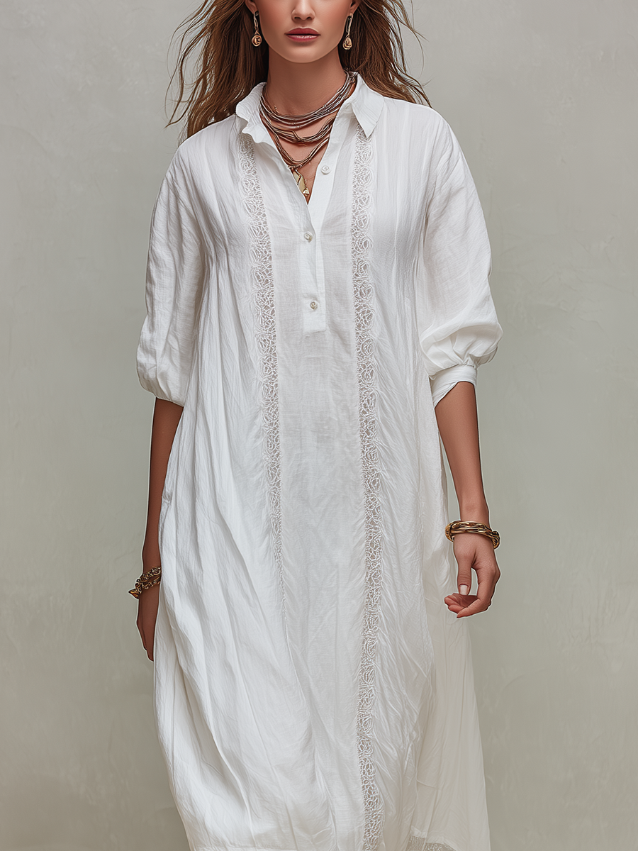 Romantic White Lace Trim Button Down Shirt Dress