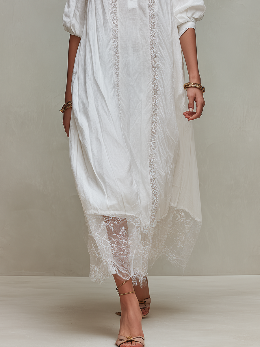 Romantic White Lace Trim Button Down Shirt Dress