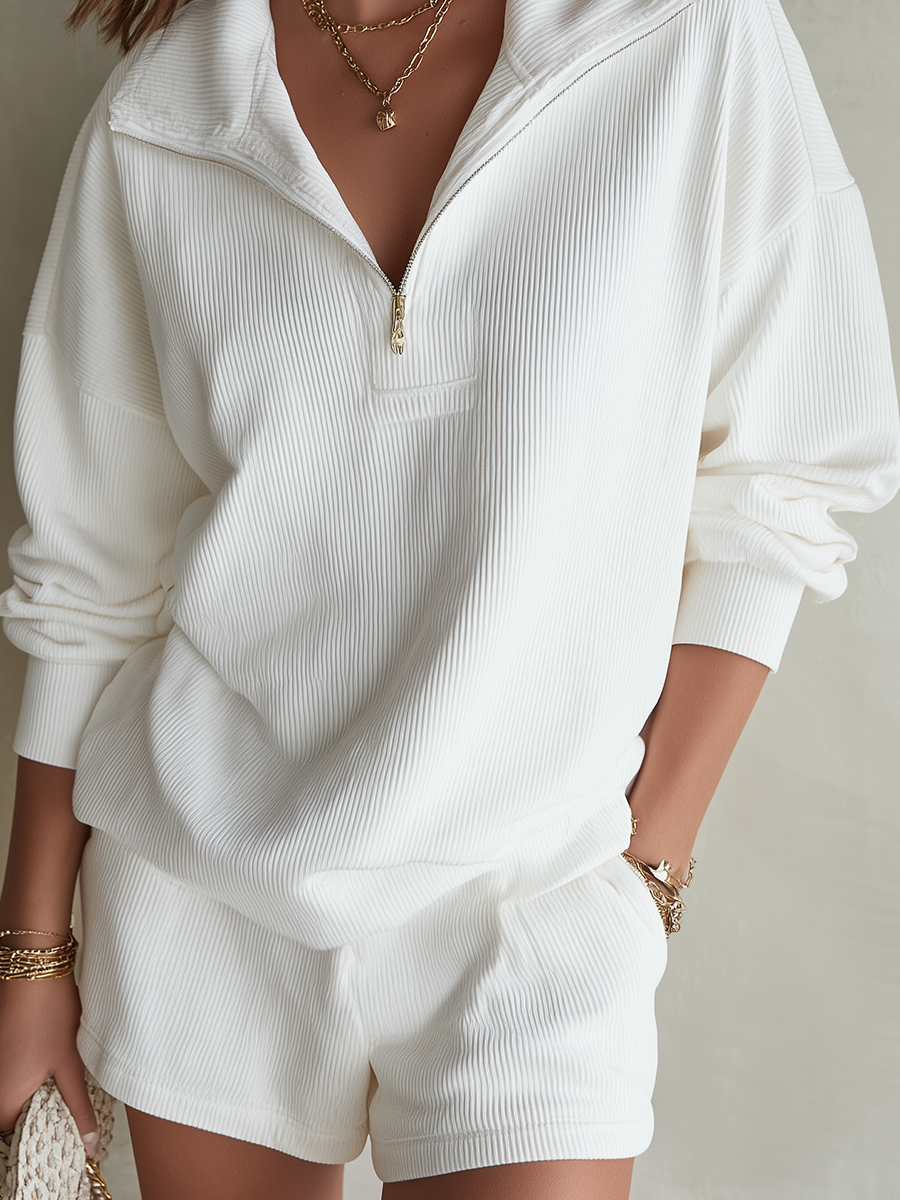 Minimal White Ribbed Zip Neck Set