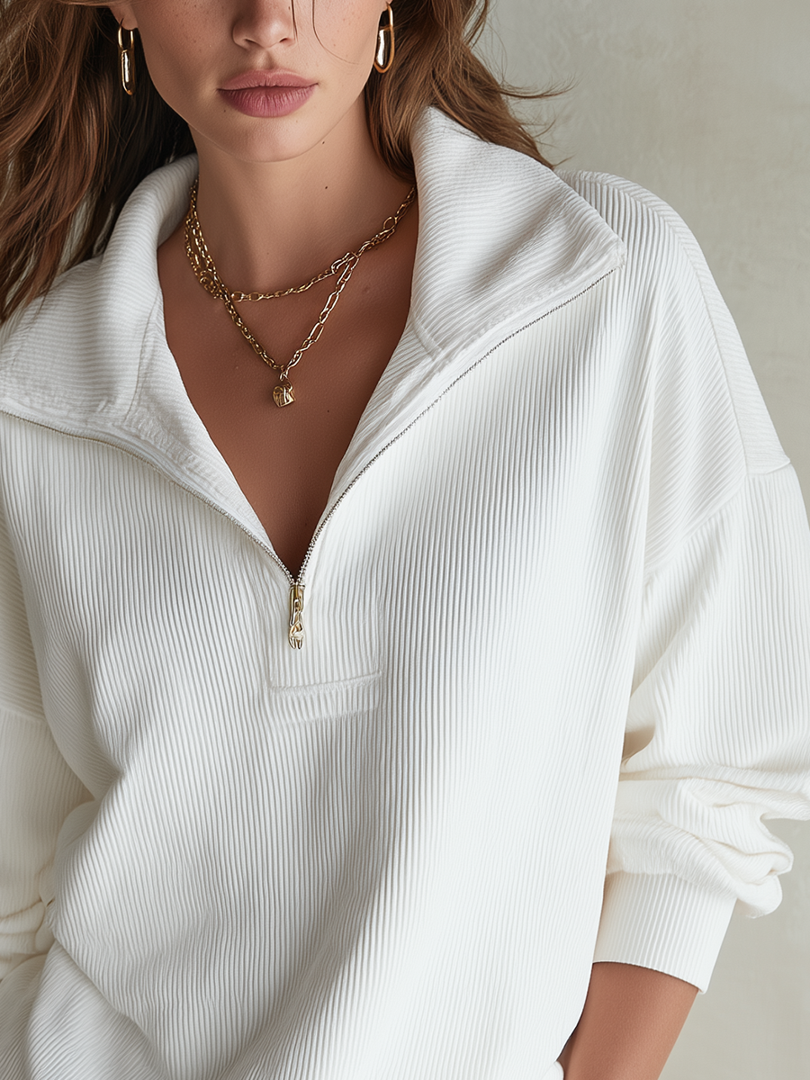 Minimal White Ribbed Zip Neck Set