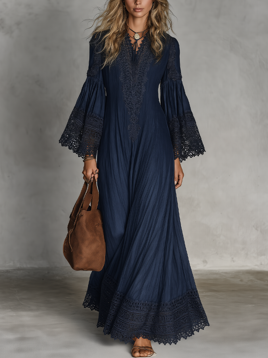 Bohemian Lace Trim Bell Sleeve Maxi Dress