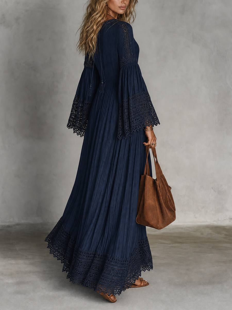 Bohemian Lace Trim Bell Sleeve Maxi Dress