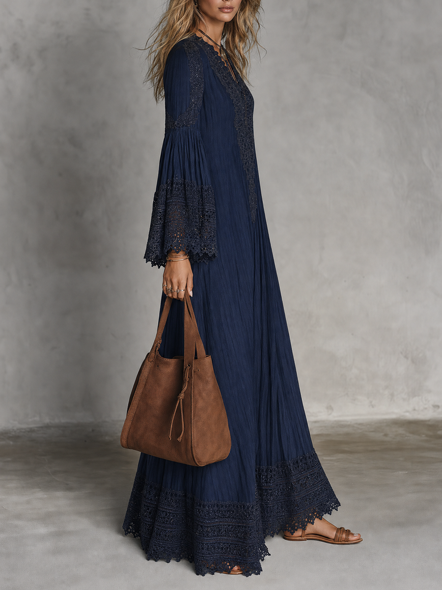 Bohemian Lace Trim Bell Sleeve Maxi Dress