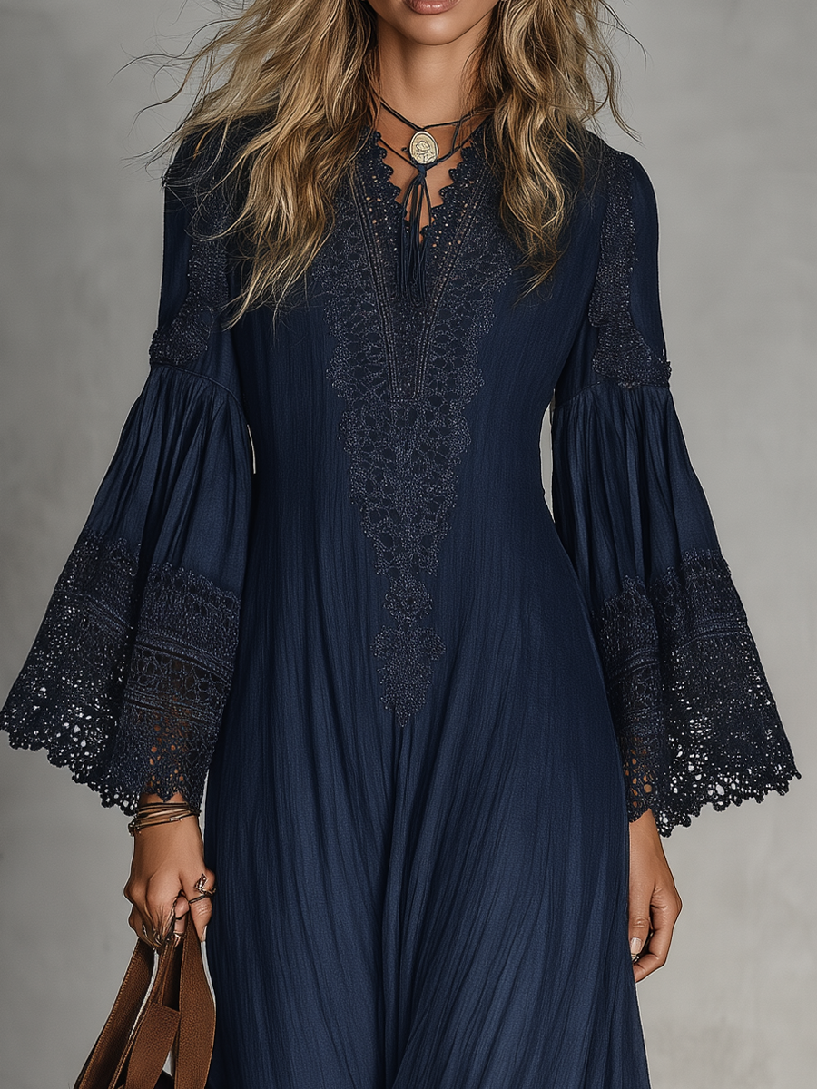Bohemian Lace Trim Bell Sleeve Maxi Dress