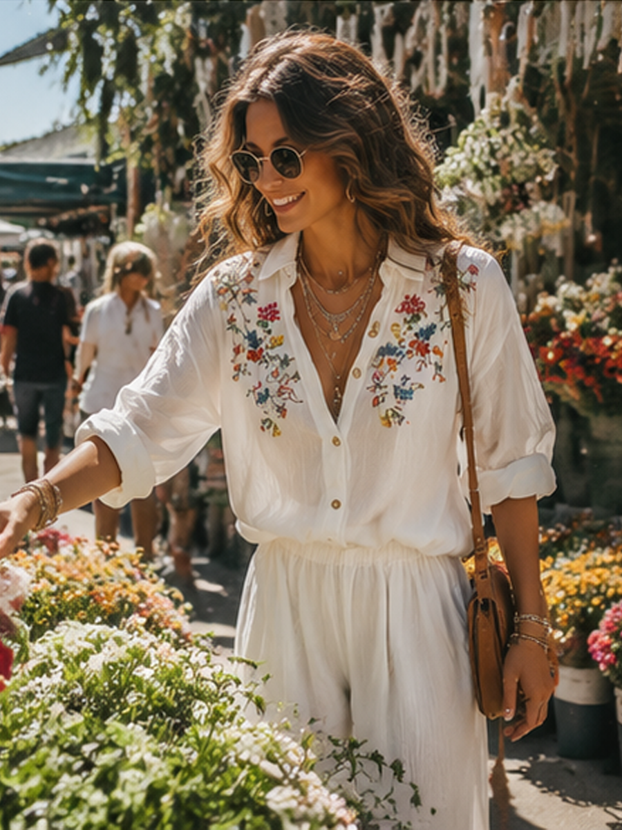 Bohemian Floral Embroidered Shirt And Trouser Suit
