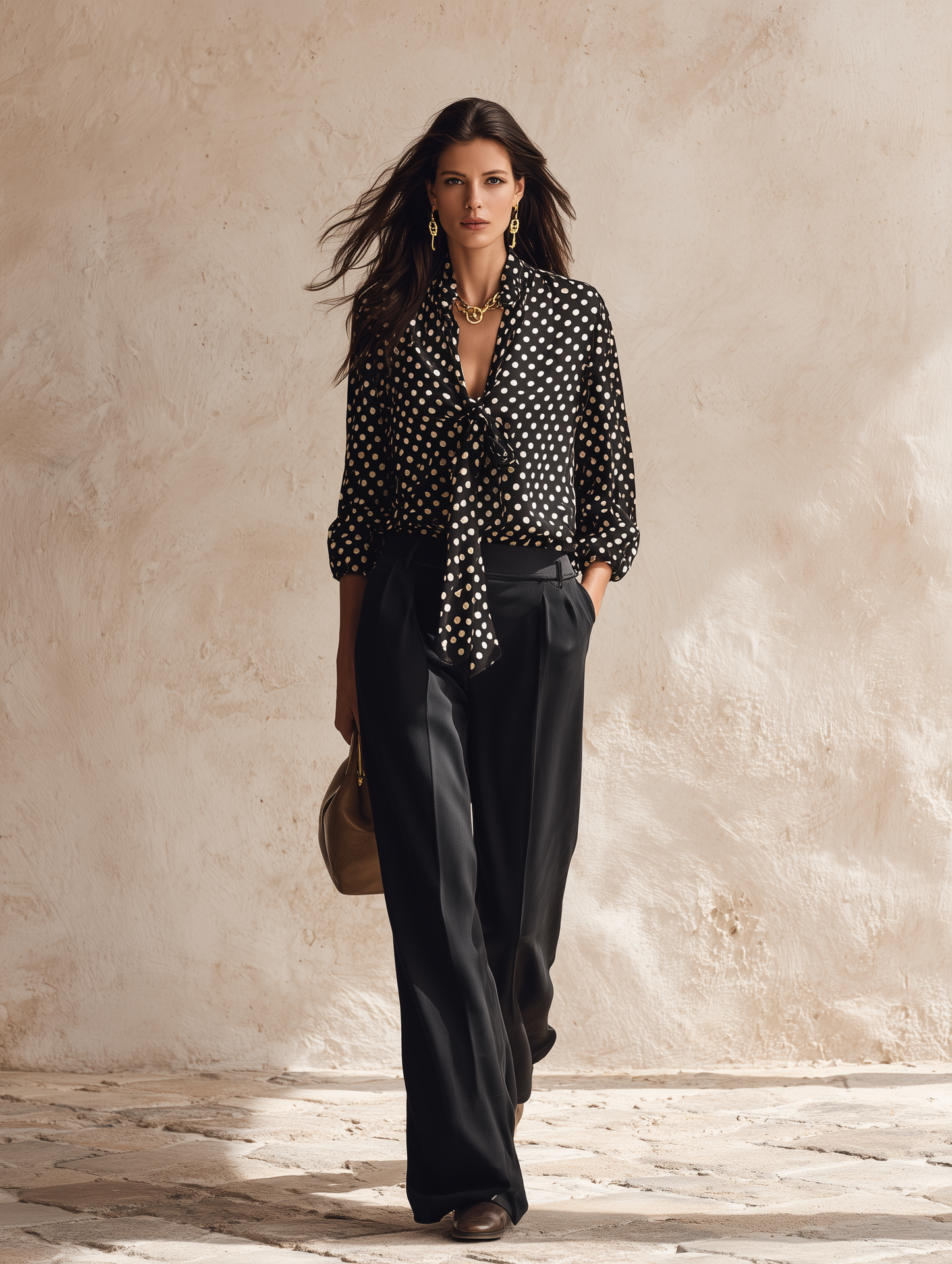 Effortless Glam Satin Polka-Dot Bow-Front Long-Sleeve Black Blouse